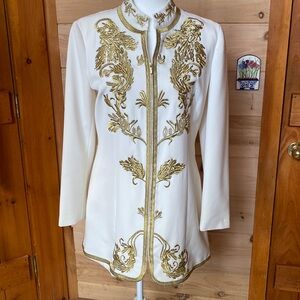 Beautiful ivory tunic jacket with gold thread stitching. Military/Asian inspired